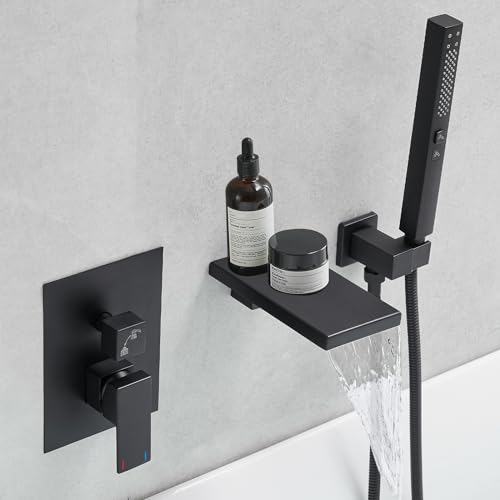 Matte Black Brass Wall Mount Tub Faucet with Handheld Sprayer
