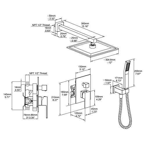 12 Inch Black Rain Shower System Combo Set with Wall Mount Faucet for Bathroom