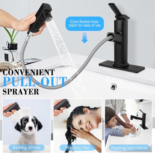 Modern Black Bathroom Sink Faucet with Pull Out Sprayer and Pop-up Drain