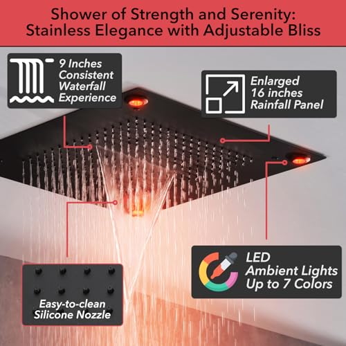 Matte Black Shower Faucet Set with 2-in-1 Handheld and LED Shower Head for Ceiling Mount Installation