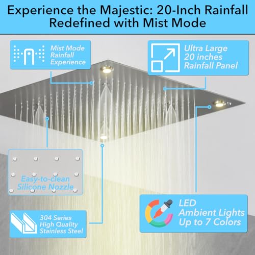 Brushed Nickel Shower Faucet Set with LED 20 Inch Rain and Mist Shower Head for Couples
