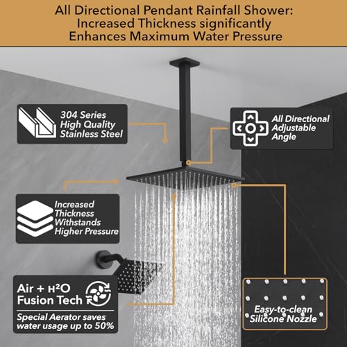 Matte Black Shower Faucet Set with Handheld Shower and 10 Inch Ceiling Mount Head for Residential Use