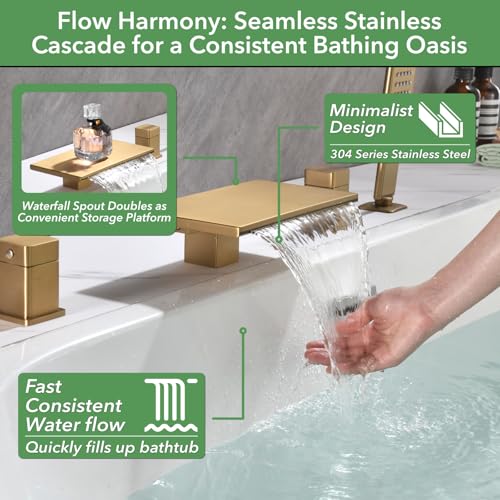Brushed Gold Waterfall Bathtub Faucet Set with Hand Shower