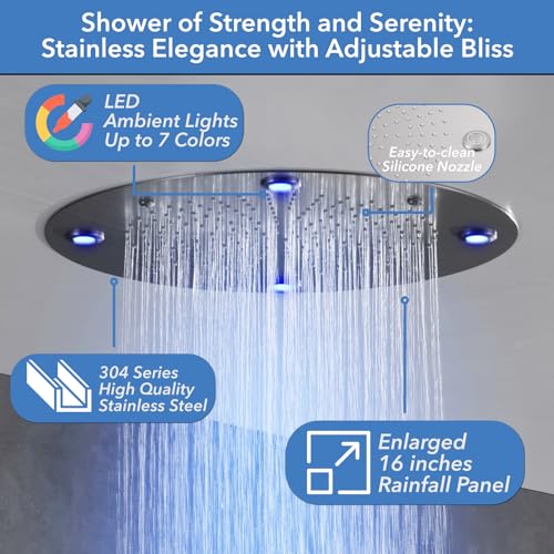 Brushed Nickel Shower Faucet Set with LED Rain Showerhead and Body Jets for Modern Bathroom
